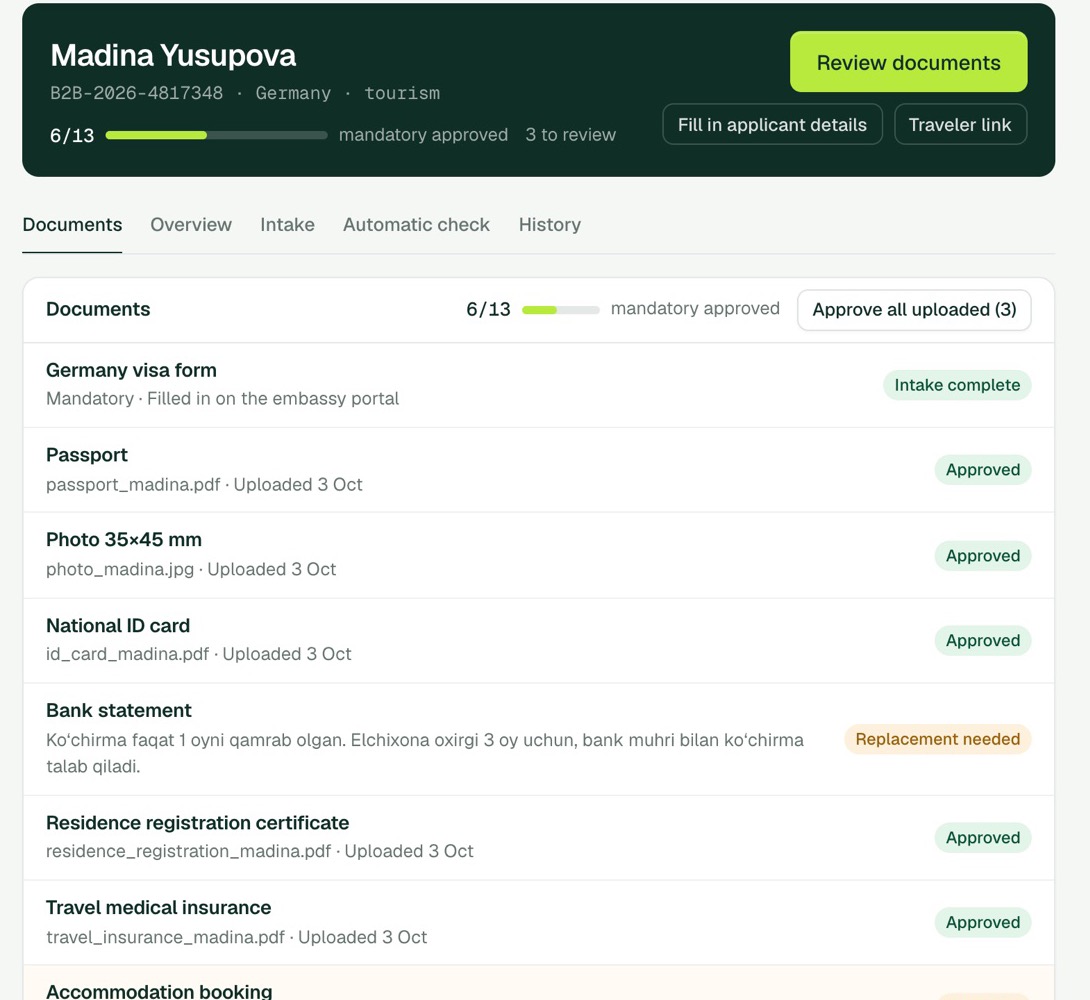 The agency workspace: the case queue beside an open Germany case and its document checklist