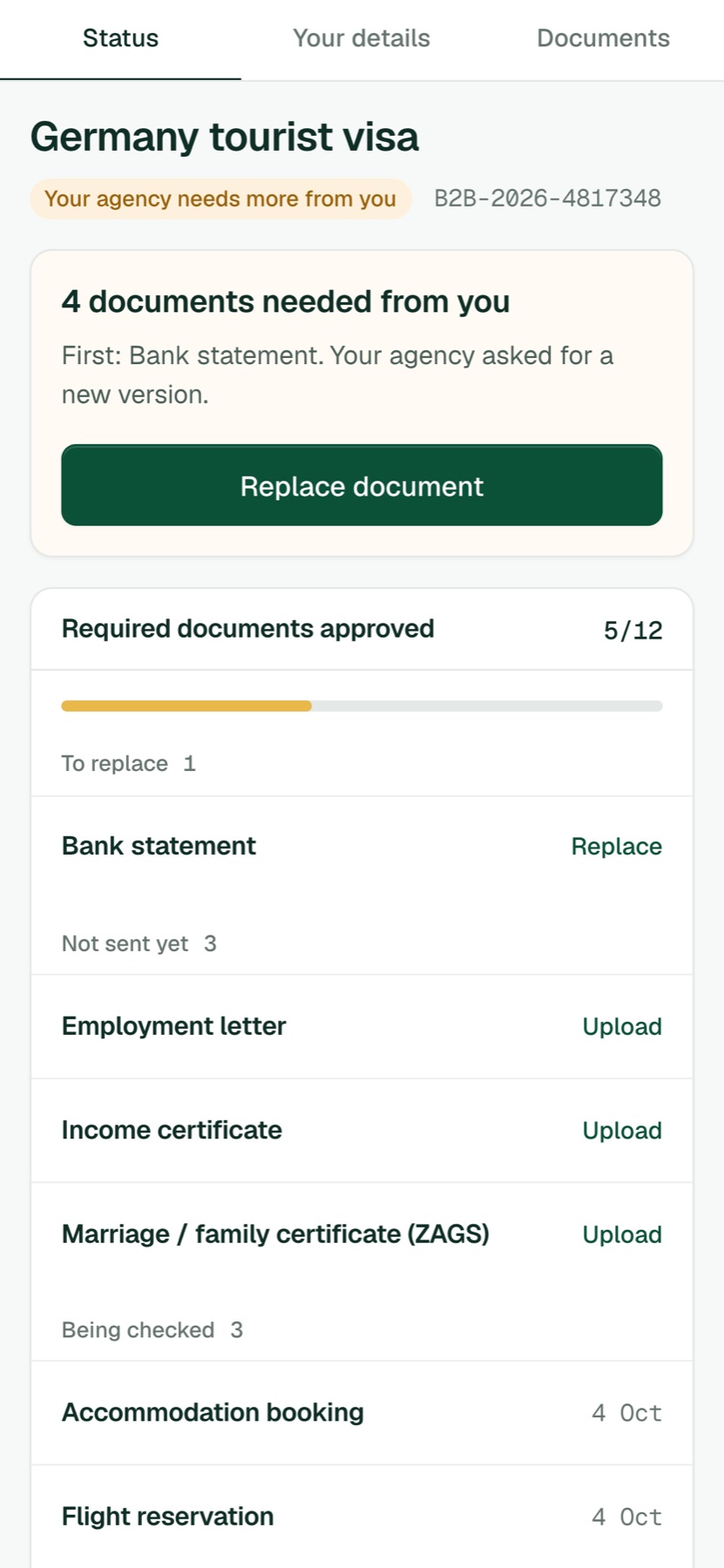 The traveler portal on a phone: the documents still needed