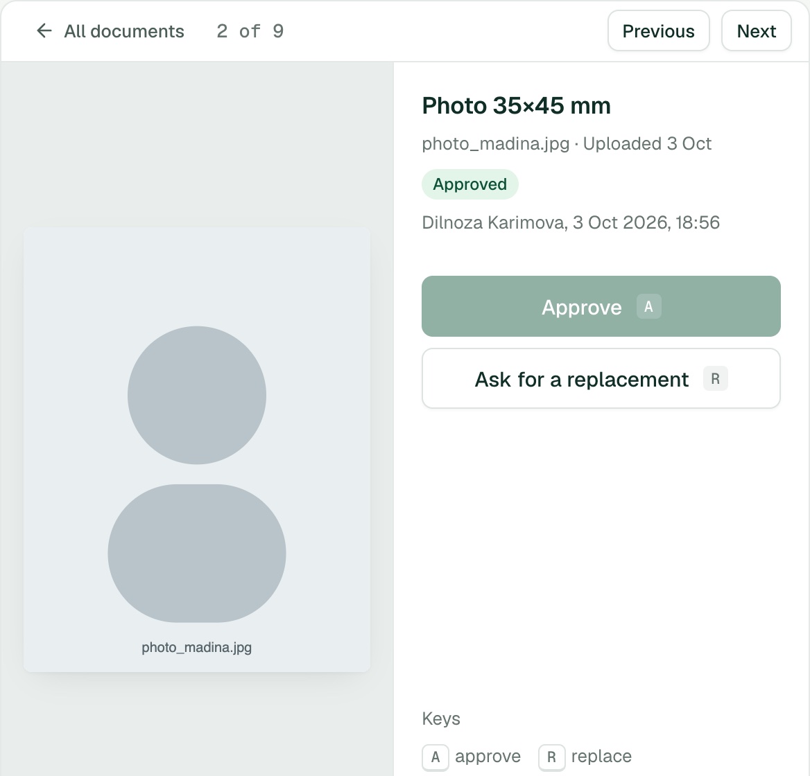 Document review: the uploaded file beside the approve and replace actions