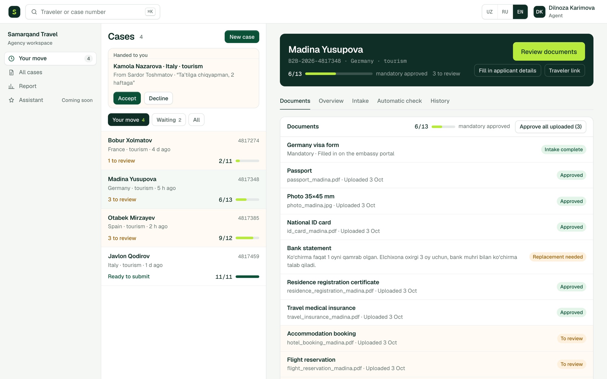 The agency workspace: the case queue beside an open Germany case and its document checklist