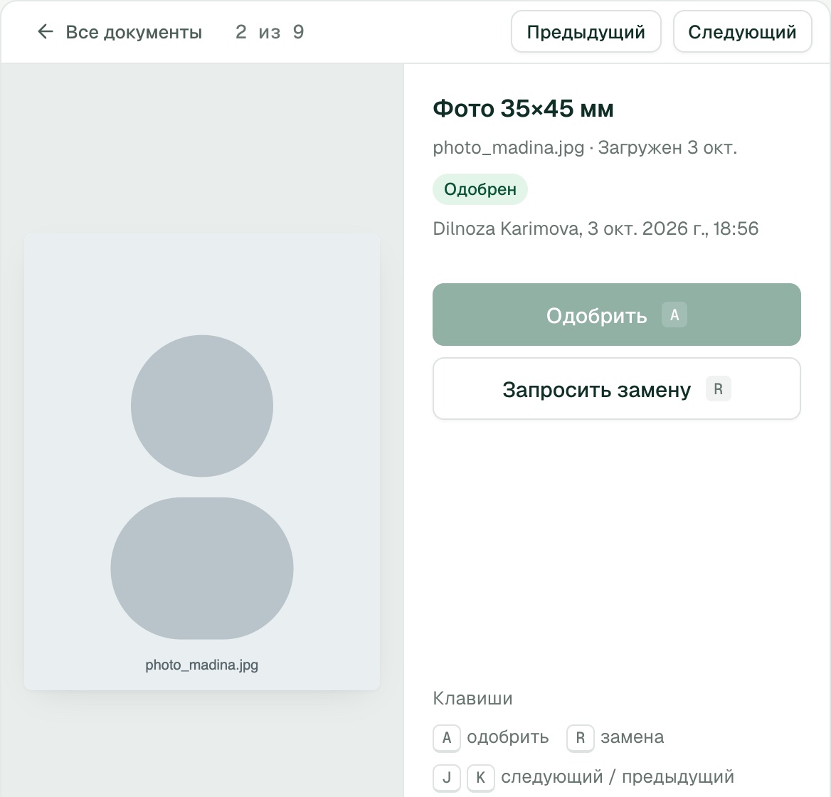 Проверка документа: файл рядом с действиями «одобрить» и «запросить замену»