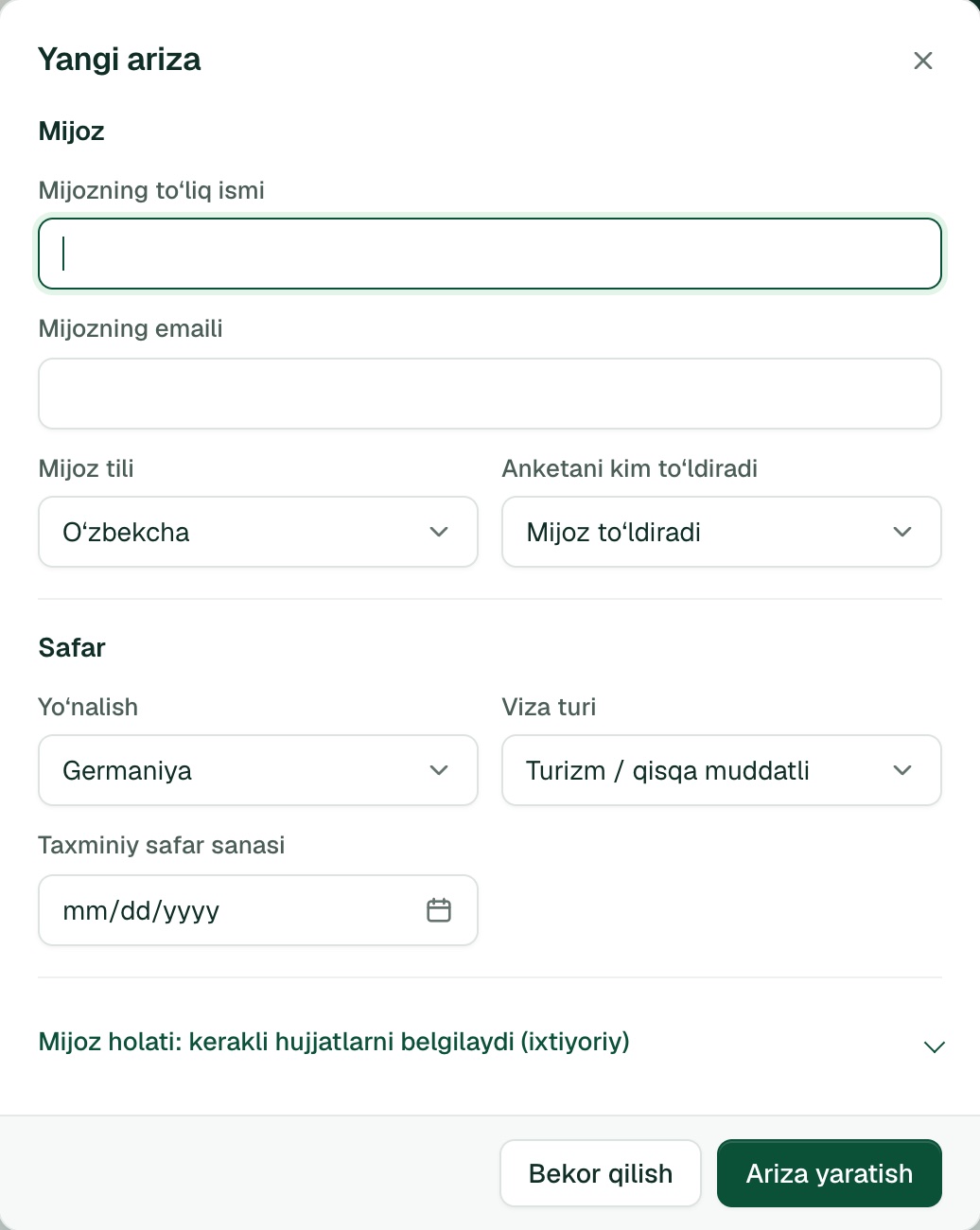 Sayohatchi ish joyidagi «Yangi ariza» shakli